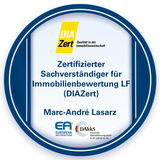 DIAZert-Abzeichen: Zertifizierter Sachverständiger für Immobilienbewertung LF (DIAZert) – Marc-André Lasarz
